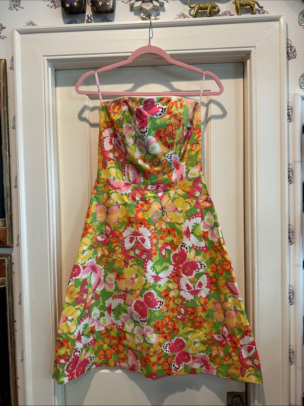 Bright Floral Strapless A-Line Dress in Green and Pink